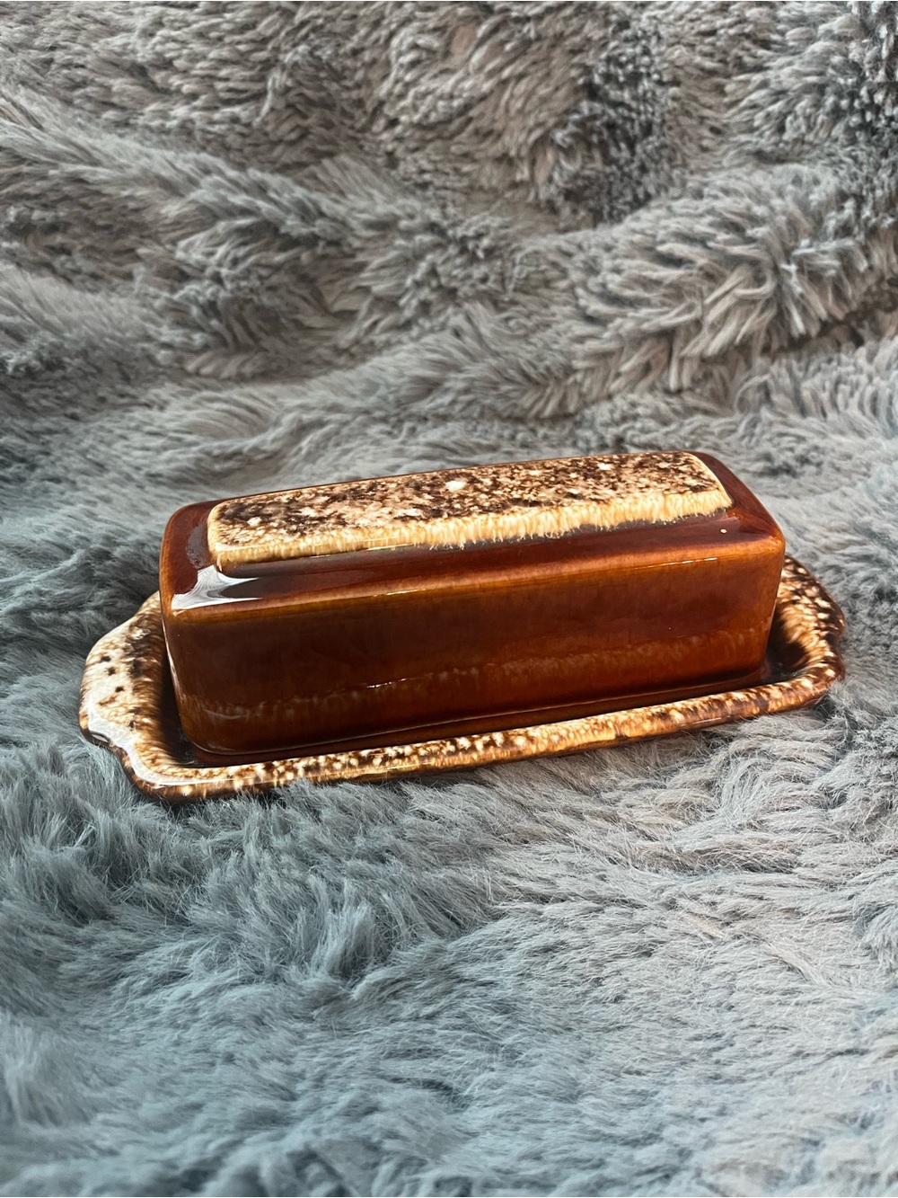 Speckled Brown Ceramic Butter Dish vintage Hull